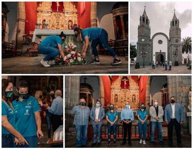 Momento de la ofrenda con una reducida representación del equipo y autoridades de Telde/TA.